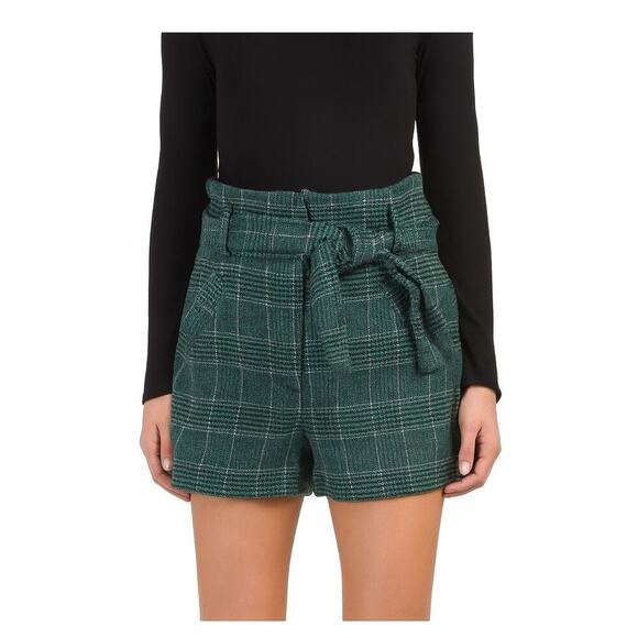 House of Harlow 1960 Green & Black Plaid Wool Blend High Waisted Women’s Shorts - Picture 1 of 13